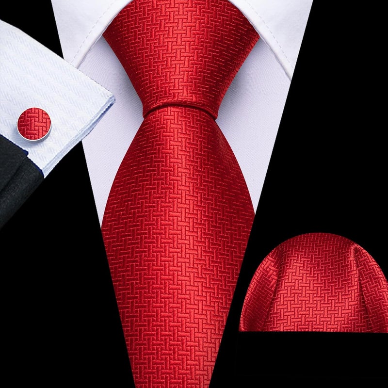 Barry.Wang Store Tie Sets for Men Silk Stripe Necktie Woven Checkered Handkerchief Cufflinks Formal Business Wedding - Image 4